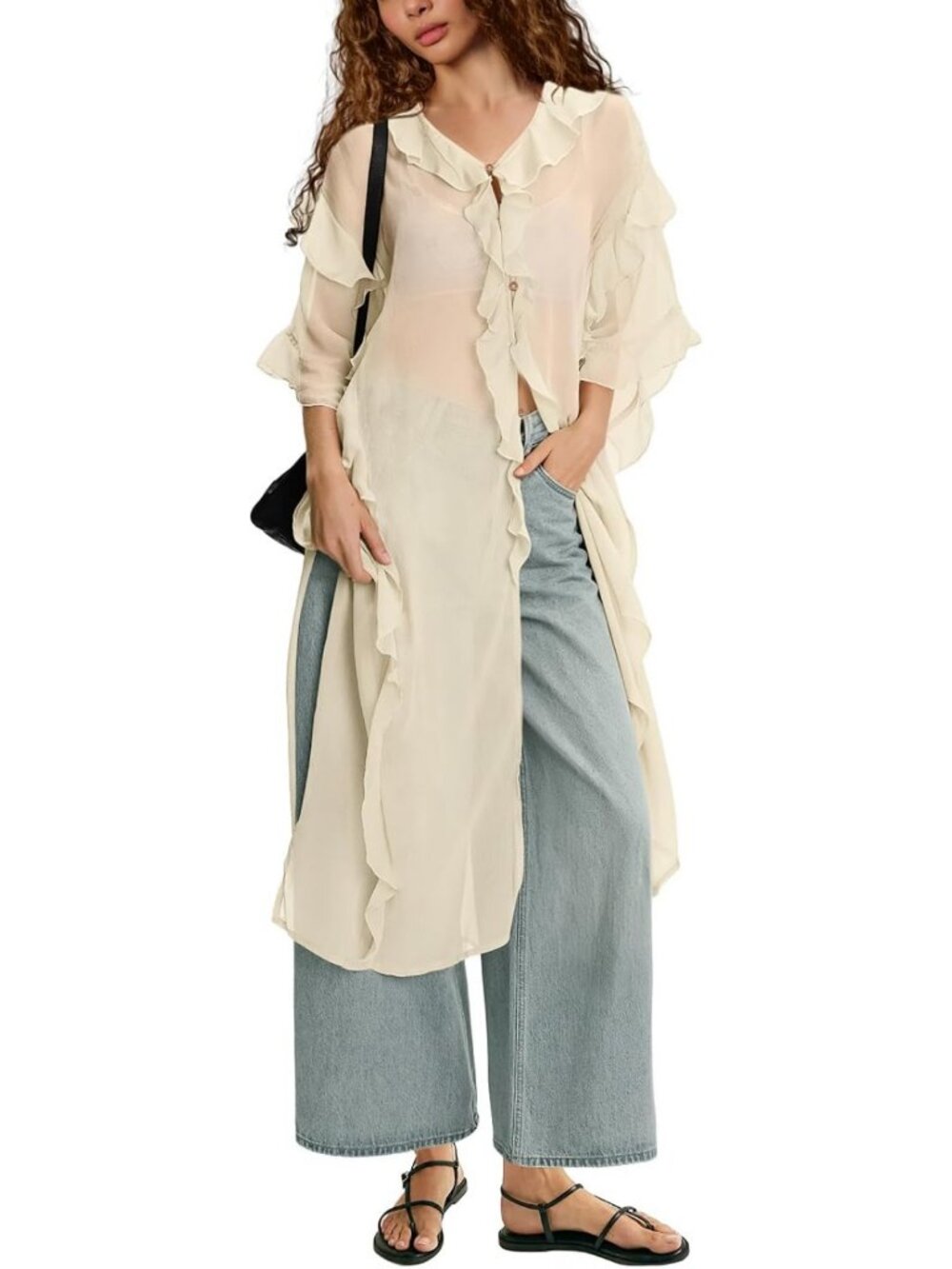 Sheer Ruffle Kimono Blouse - Flowy Chiffon Long Sleeve Tie Front Boho Cover Up